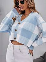 Plaid Button Front V neck Long Sleeve Women Clothing 4765