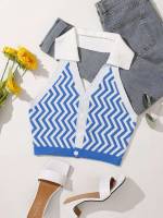  Blue and White Chevron Collar Women Knit Tops 133