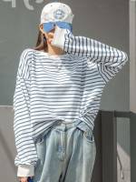 Oversized Blue and White Striped Round Neck Women Clothing 666