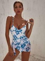 Blue and White Floral  Women Swimwear 7302