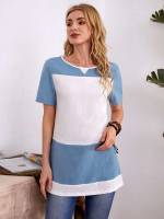  Round Neck Blue and White Women Blouses 3124