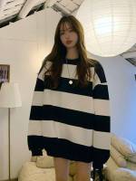 Blue and White Round Neck Striped Casual Women Sweatshirts 9452