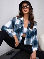 Casual Blue and White Plaid Women Outerwear 301