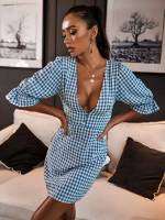  Gingham Three Quarter Length Sleeve Short Women Dresses 7723