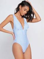 Blue and White Casual Striped Women Beachwear 647