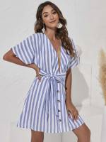 Casual Blue and White Regular Fit Fake Buttons Women Dresses 3421