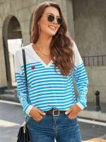 Blue and White Casual Round Neck Women Tops, Blouses  Tee 581