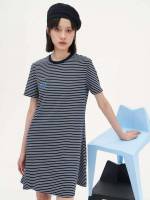 Regular Fit Short Sleeve Striped Blue and White Women Dresses 2317