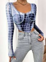 Asymmetrical Scoop Neck Slim Fit Blue and White Women Tops, Blouses  Tee 5613