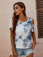 Blue and White Regular Fit Asymmetrical Neck Tie Dye Women Tops, Blouses  Tee 5537