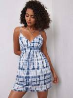 Tie Dye Sleeveless Blue and White Women Dresses 339