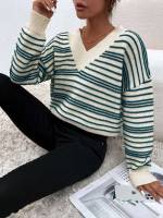 Long Sleeve Striped V neck Women Sweaters 8270