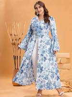 Regular Fit Floral Button Front Blue and White Women Plus Clothing 159