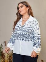 Casual Button Front Blue and White Plus Size Blouses 4996