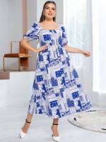 Boho Square Neck Short Sleeve Plus Size Dresses 3739