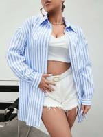  Oversized Button Front Striped Women Plus Clothing 9626