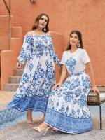 Baroque Blue and White Frill Maxi Plus Size Dresses 649