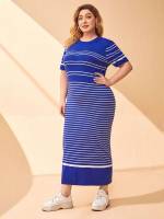 Striped  Maxi Plus Size Knitwear 863