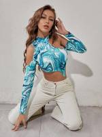 Blue and White Slim Fit Asymmetrical Crop Women Tops, Blouses  Tee 6926