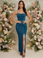 Maxi Plain Split Thigh Blue Wedding  Special 4804