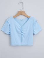 Blue Short Sleeve Regular Fit Plain Girls T-Shirts 3089