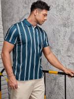 Button Front Polo Short Sleeve Striped Men Polo Shirts 5626