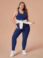 Round Neck Plain Blue Women Plus Activewear 5731