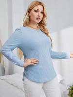 Round Neck Blue Casual High Low Plus Size T-shirts 4215