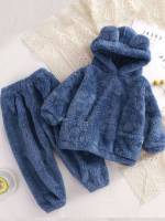  Blue Plain Regular Fit Toddler Boy Two-piece Outfits 1091