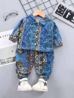 Collar Blue Button Front Long Sleeve Toddler Boy Two-piece Outfits 575