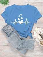 Blue Round Neck Butterfly Women T-Shirts 597