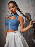 Button Blue Plain Sleeveless Women Denim 7467