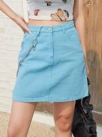 Plain Blue Women Denim Skirts 907