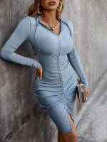 Blue Plain Ruched Women Dresses 559