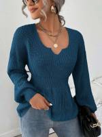 Casual Regular Fit Ruffle Hem Notched Women Sweaters 515