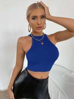 Round Neck Slim Fit Blue Women Tank Tops  Camis 287