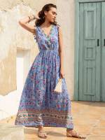 Fringe Blue V neck Sleeveless Women Dresses 2170