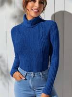 Long Sleeve Blue Rib-Knit Slim Fit Women Tops, Blouses  Tee 1041