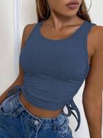 Drawstring Slim Fit Crop Blue Women Tank Tops  Camis 596