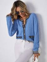 Colorblock Contrast Binding Long Sleeve Blue Women Clothing 111