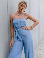 Blue Plain Casual Spaghetti Strap Women Jumpsuits  Bodysuits 5328