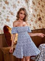 Ditsy Floral Off the Shoulder Shirred Regular Fit Women Clothing 5927