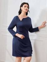  Three Quarter Length Sleeve Plain Asymmetrical Neck Plus Size Dresses 7241