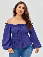 Blue Plain Regular Off the Shoulder Plus Size Tops 5977