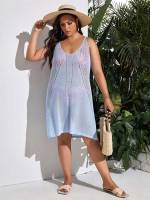 Blue Plain Sleeveless Plus Size Cover Ups  Kimonos 2626