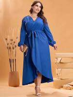 Long Blue Long Sleeve Regular Fit Plus Size Dresses 317