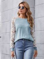 Boat Neck Regular Fit Blue Contrast Lace Women Tops 6674