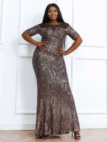 Round Neck Glamorous Short Sleeve Bronze Plus Size Dresses 542