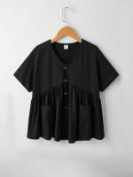 Ruffle Hem Short Sleeve V neck Regular Girls Clothing 8965