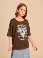 Brown Regular Casual Tropical Girls Clothing 8644